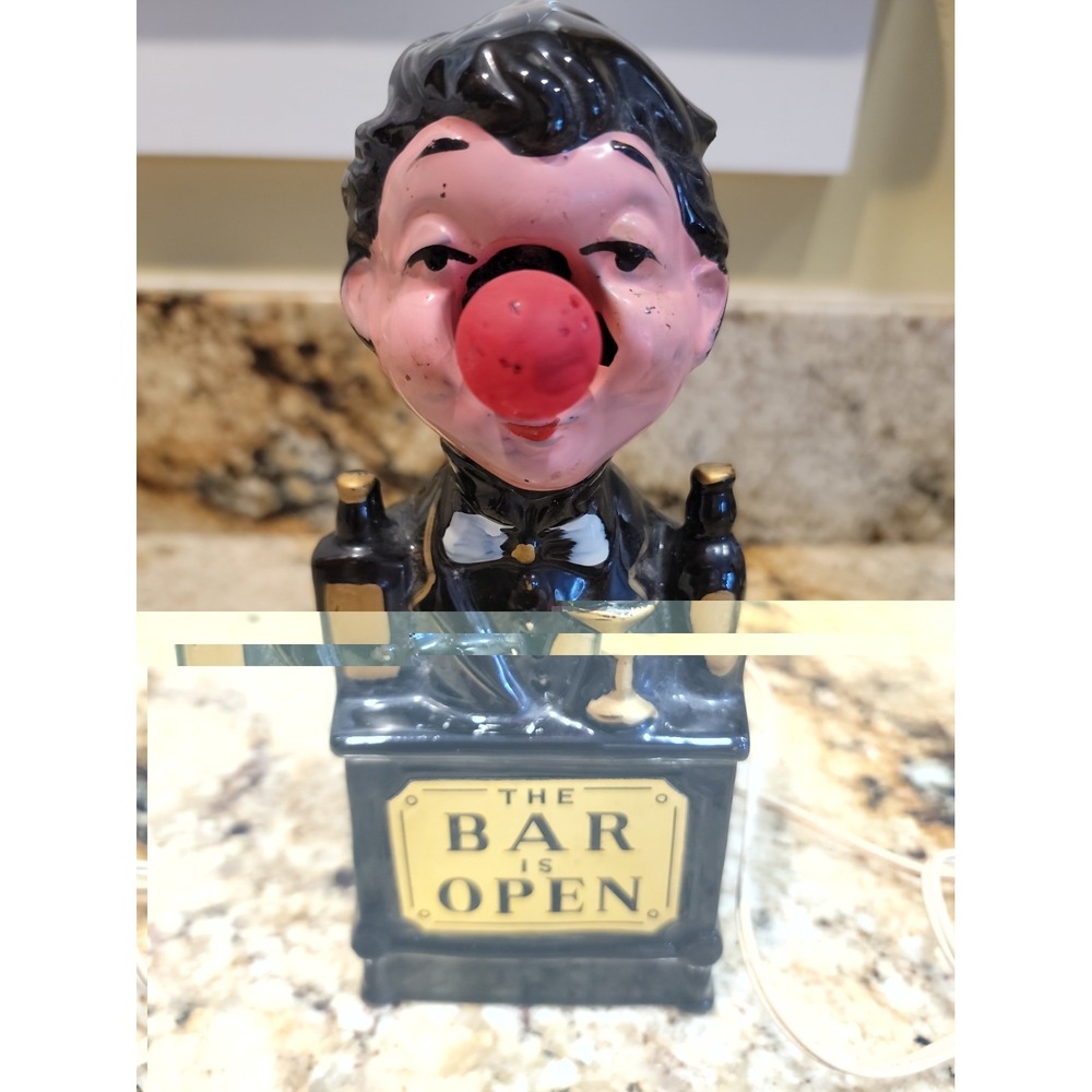 1950s Vintage THE BAR IS OPEN - BARTENDER RED NOSE 8" LAMP Japan Works Redware